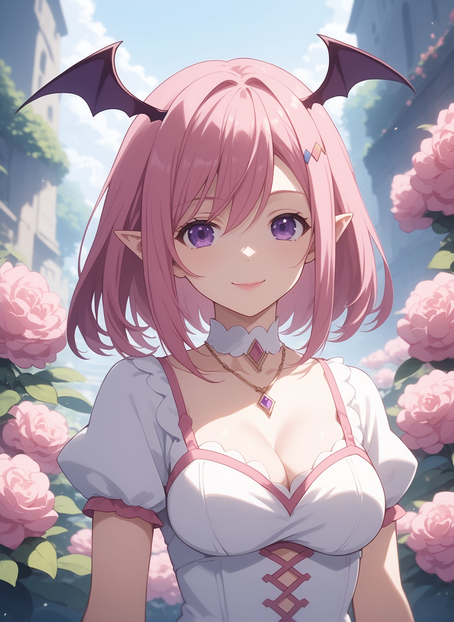 score_9, score_8_up, score_7_up, intricate details, source_anime, intricate details, highly detailed background, perfect lightingbest quality, ginnyfindesalva, solo, outdoors, fantasy, demon girl, pink hair, head wings, bat wings, hair between eyes, hairclip, medium hair, purple eyes, pointy ears, medium breasts, necklace, choker, jewelry, white dress, pink ribbon, cleavage, puffy short sleeves, smile, closed mouth, :), pink lips, <lora:Ginny-Fin-de-Salva-PonyXL-05:0.7>