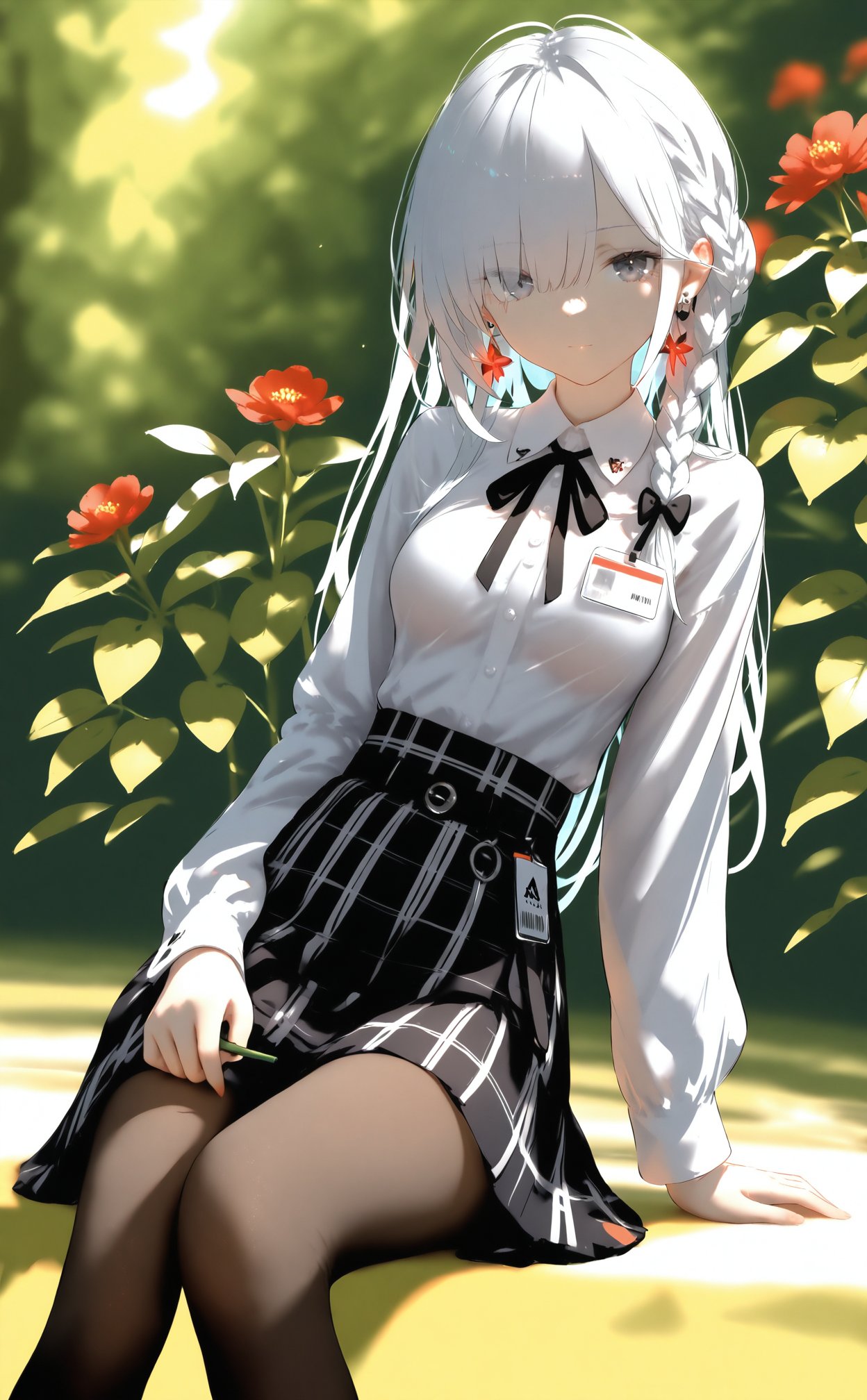 masterpiece,best quality,high quality,(colorful),nai3 Style,loli,1girl,solo,sitting,skirt,shirt,pantyhose,long hair,earrings,white shirt,jewelry,white hair,braid,id card,long sleeves,breasts,shirt tucked in,holding,grey eyes,ribbon,looking at viewer,bow,belt,collared shirt,closed mouth,black skirt,blurry,high-waist skirt,hair over one eye,black pantyhose,leaf,knee up,hair between eyes,flower,dutch angle,blurry background,feet out of frame,brown pantyhose,black bow,day,black belt,plaid skirt,plant,plaid,neck ribbon,side braid,red flower,arm support,medium breasts,sunlight,