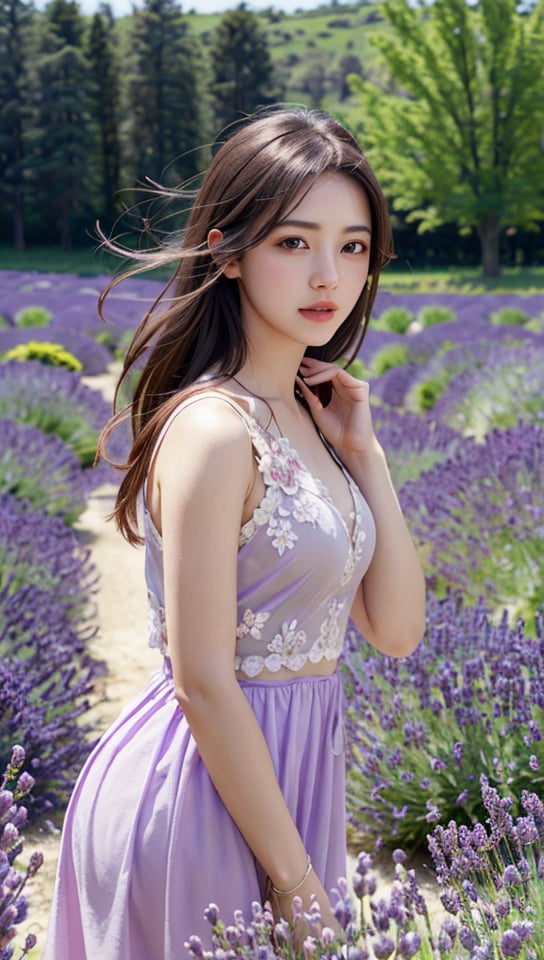 (best quality, masterpiece:1.2),ultra detailed,(photo realistic:1.4),1girl,lavender_field_background,<lora:LavenderField_v1:0.6>,