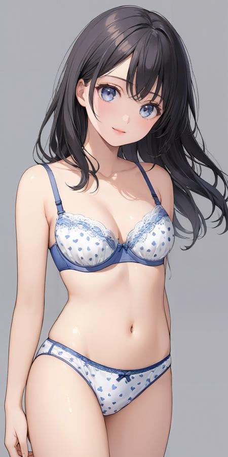 masterpiece,ultra-detailed,best quality,8K,illustration,cute face,clean skin ,shiny hair,girl,ultra-detailed-eyes,simple background, <lora:add-detail-xl:1>  <lora:jyojishitagi_XL_V1.1:0.8> jyojipan, underwear, print panties,bra