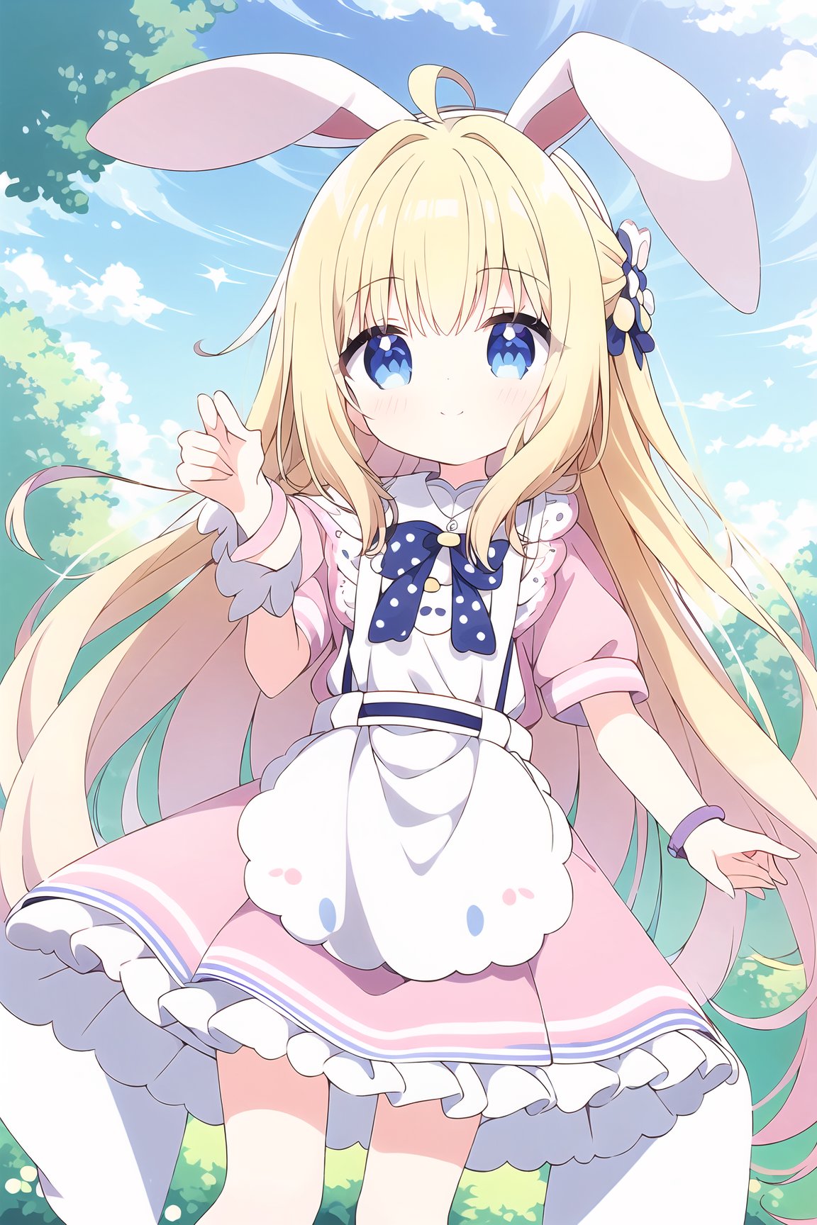 The image is an illustration of a young girl with long blonde hair and bunny ears. She is wearing a pink dress with white...