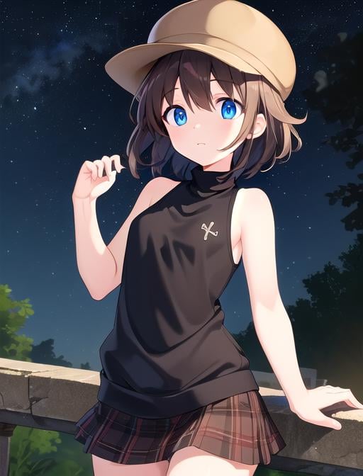 best quality, masterpiece, highres, detailed, digital artwork, <lora:Detail - add_detail:0.2>, HelgaHaruka, blue eyes, brown hair, short hair, brown hat, black sweater, sleeveless turtleneck, checkered skirt, <lora:Character - HelgaHaruka:0.8>,night sky, anxious