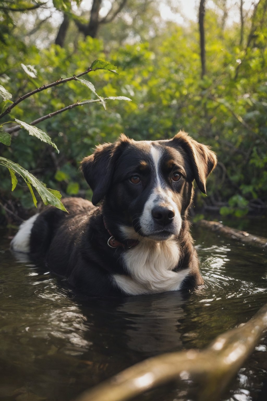 35mm Vintage photo of a dog in the swamps sticks its head out of the water, vines, drinking the water, best quality, detailed background, sunlight ray tracing, hyper detailed photorealistic life-like accurate proportional, 8k sharp focus, (accurate cinematic lighting), photorealistic detail, best quality, high contrast, rule of thirds, depth of field, (selective focus:0.6)