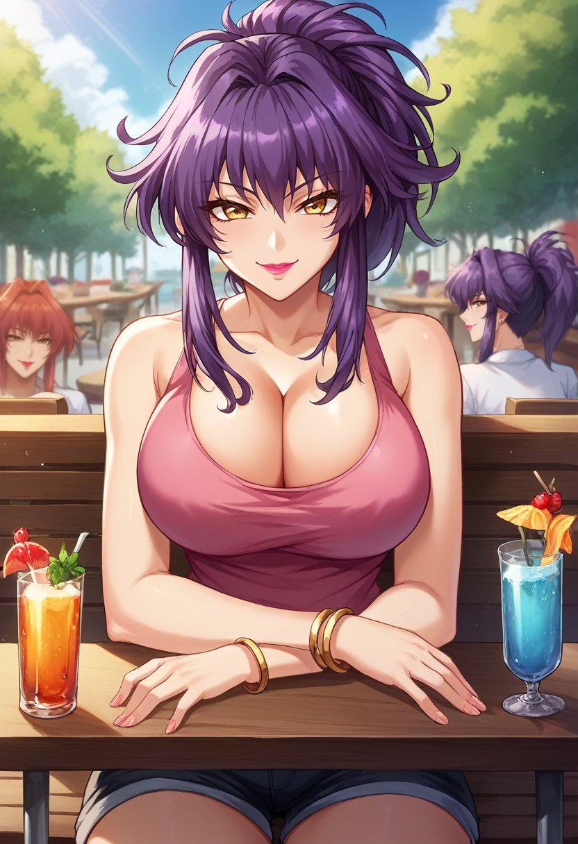 <lora:Oppai_No_Ouja_48__Miyu_Takashima_PONY:1> miyutakashima, long hair, purple hair, ponytail, yellow eyes, pink lips, large breasts, cleavage, pink shirt, tank top, bracelet, (smile, looking at viewer, naughty face), (outdoors, sitting, table, restaurant, glass), 16k, masterpiece, absurdes, highly detailed, highres, high quality, best quality, score_9, score_8_up, score_7_up, score_6_up