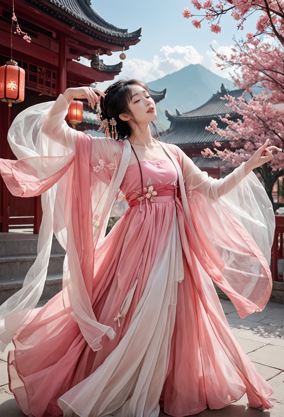 1girl,solo,dancing,sky lantern,,ruanyi0758,hanfu,pink dress,see-through,shawl,wide sleeves,jewelry,<lora:0758 Peach Blossom Hanfu_v1_pony:1>, score_9,score_8_up,score_7_up,,8k,1girl,solo,