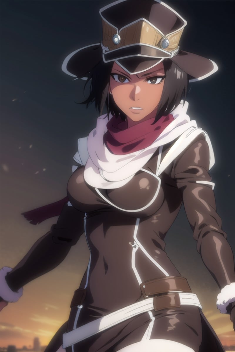 jackietristan, <lyco:jackietristan-lyco-nochekaiser:1>,jackie tristan, short hair, black hair, dark skin, dark-skinned female, (brown eyes:1.5),BREAK thighhighs, gloves, boots, goggles, goggles on head, hat, scarf, white scarf,BREAK looking at viewer, full body,BREAK outdoors,BREAK <lyco:GoodHands-beta2:1>, (masterpiece:1.2), best quality, high resolution, unity 8k wallpaper, (illustration:0.8), (beautiful detailed eyes:1.6), extremely detailed face, perfect lighting, extremely detailed CG, (perfect hands, perfect anatomy),