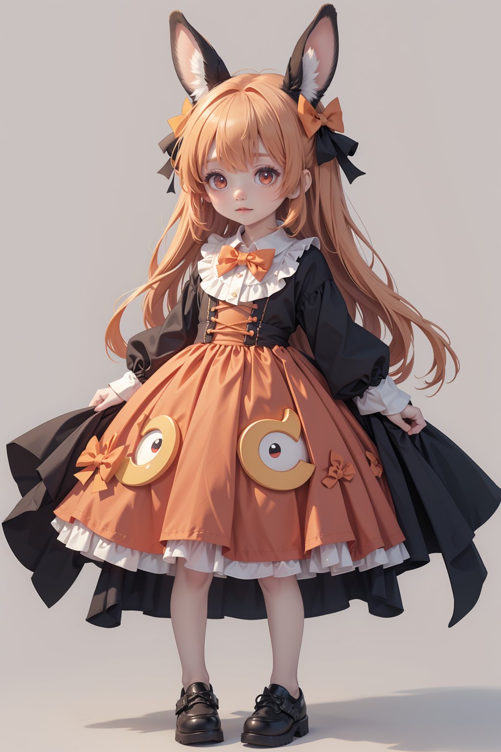 1girl,orange_bow,orange_dress,long_hair,solo,very_long_hair,halloween,orange_ribbon,animal_ears,bow,dress,orange_footwear,red_eyes,rabbit_ears,long_sleeves,full_body,shoes,white_legwear,jack-o'-lantern,white_background,looking_at_viewer,hair_bow,standing,brown_footwear,closed_mouth,