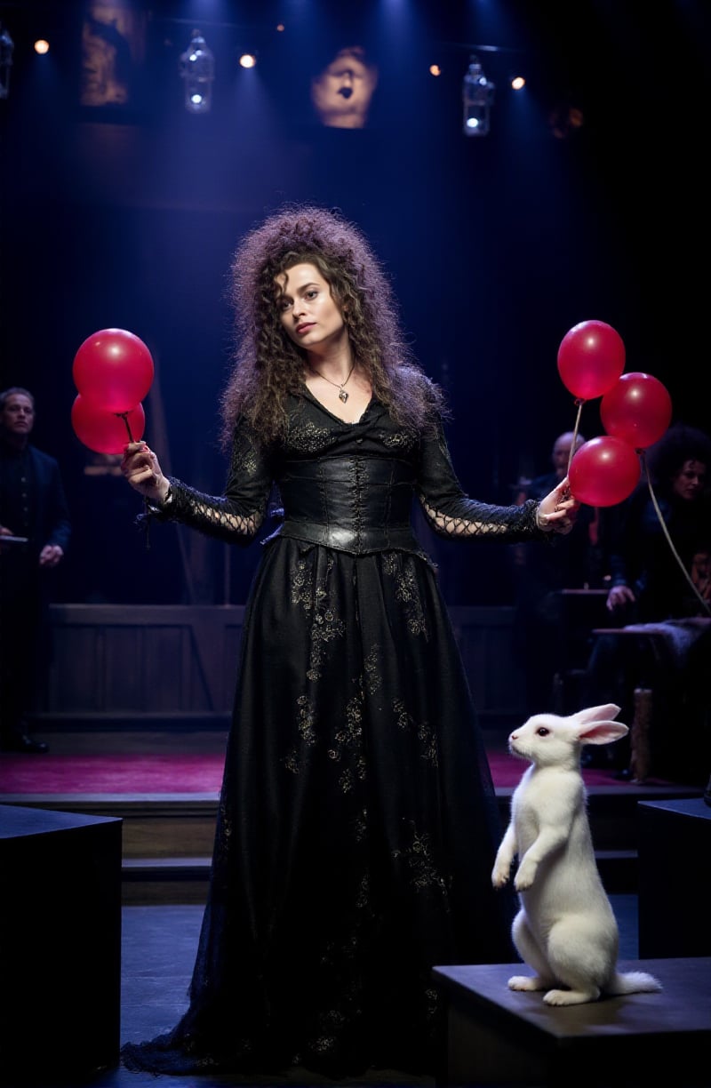 Bellatrix Lestrange is a woman magician doing tricks on a stage with a white rabbit and balloons  <lora:Bellatrix_Lestrange:0.9>