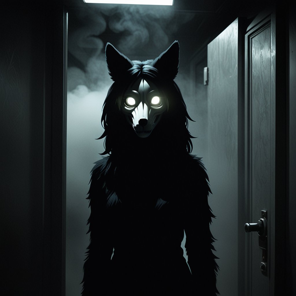 (by Andy Warhol, by Jordan Grimmer), solo anthro female (scp-1471:1.25), black fur, fluffy, three-quarter view, portrait, white eyes, glowing eyes, foggy, science fiction, the backrooms, hallway, dark, smoke, door, detailed background, foreground, depth of field, ambient silhouette