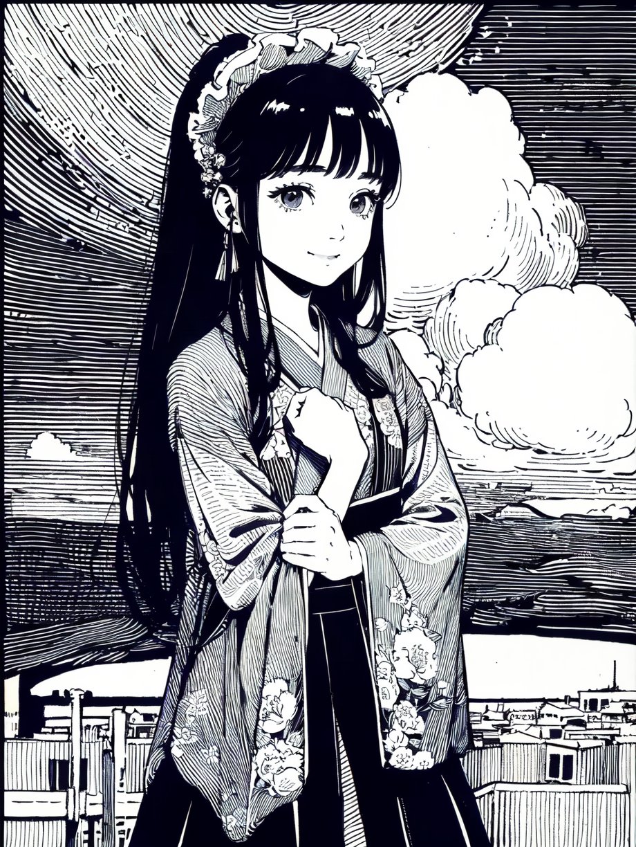 (((best quality,masterpiece,fine detailed,))),line,black and white painting,black and white line drawing,smooth lines,monochrome,a girl,kind_smile,smile,front,whole body,wearing a skirt,dynamic,<lora:CJ PD:0.8>,cloud,city background,outdoor scene,line,chiaroscuro,super detail,award winning,best quality,FilmGirl,85mm,1girl,18 years old,sad,Lolita,Beautiful body,fabulous hanfu,chinese clothes,floral print,, (best quality, high quality, masterpiece,),