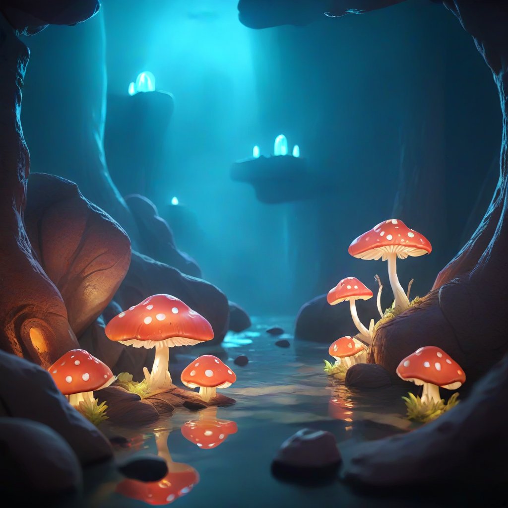 Underground Wonderland: Glowing mushrooms, underground rivers, curious subterranean creatures, ancient caverns., micro, depth of field, cinematic, color grading <lora:RealisticCartoon_0.2:1> 