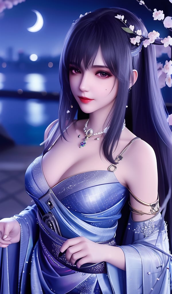 <lora:644-DA-神印王座-圣采儿-TYPE1:0.8>(,1girl, ,best quality, ),looking at viewer,masterpiece,(( , )),, realistic,science fiction,mole,,ultra realistic 8k cg,     ,cherry blossoms,,night, night sky, crescent moon, moonlight,,(facing viewer, looking at viewer, , ),  (cleavage), (),