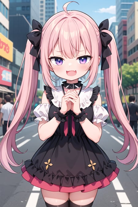 <lora:smugface_v100:1>insanely detailed, absurdres, ultra-highres, ultra-detailed, best quality,1girl, solo, nice hands, perfect handsBREAKjirai kei,thighhighs, skirt, twintails, pink skirt, collar, bow, black thighhighs, black bow, long hair, pink bow, hair bow, spiked collarBREAK(nsfw:-1.5)BREAK(nsfw:-1.5)BREAKsmug, open mouth, fangBREAKstanding, cowboy shot, looking at viewerBREAKslender, kawaii, perfect symmetrical face, ultra cute girl, ultra cute face, ultra detailed eyes, ultra detailed hair, ultra cute, ultra beautifulBREAKin street, cityscape in akihabara, depth of field, ultra detailed background