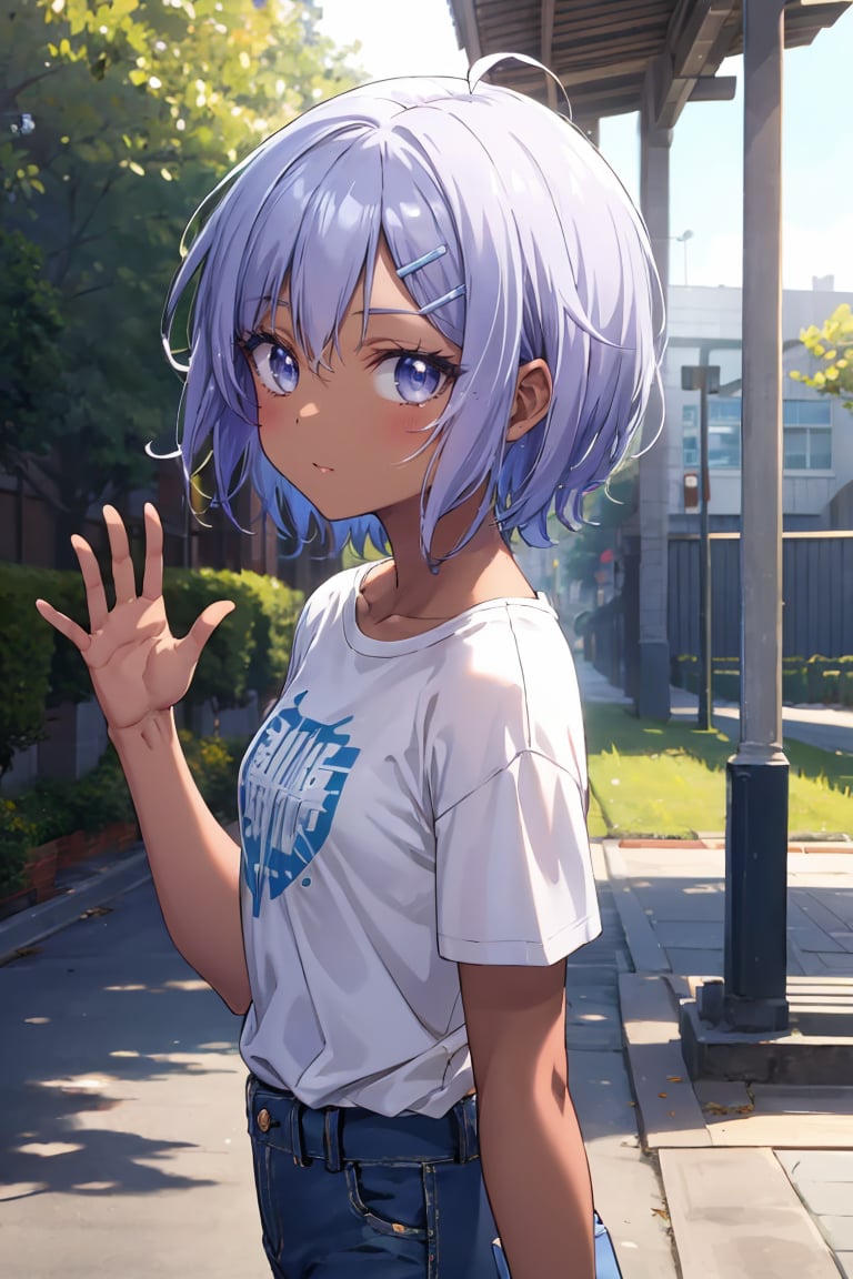 masterpiece, best quality, ultra-detailed, glistening shiny, glowing light, ray tracing, HDR, deph of field, (perfect face, detailed face),  <lora:SprRen:0.7>, sprren, (dark skin:1.2), short hair, hairclip, flat chest, t-shirt, denim shorts, waving, outdoors