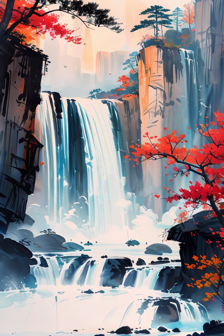 masterpiece,best quality,colorful inkpainting,Huangguoshu Falls,scenery,waterfall,outdoors,water,tree,bird,<lora:colorful-inkpainting-000016:0.8>,