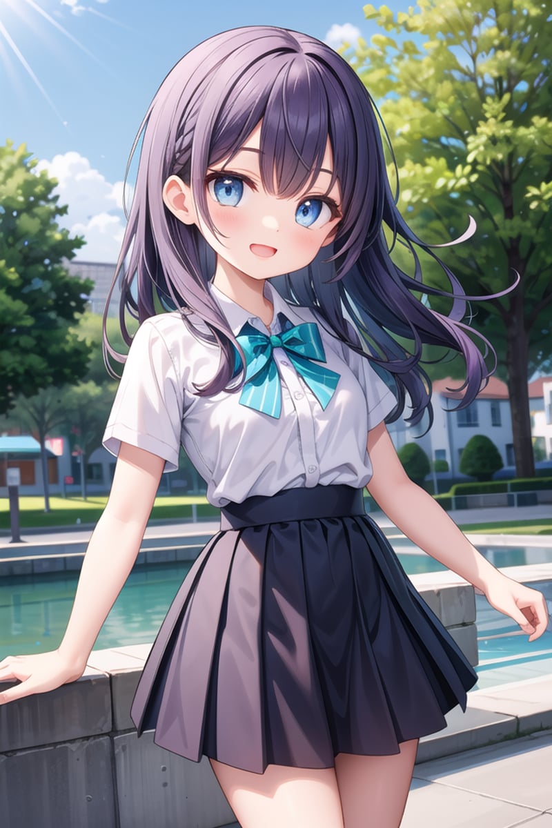 insanely detailed, absurdres, ultra-highres, ultra-detailed, best quality,1girl, solo, nice hands, perfect handsBREAKsummer school uniform, (plain dark green skirt with many pleats:1.4), (striped green bowtie:1.3), short sleeves, white shirt, shirt with white button, shirt_tucked_inBREAK(breast pocket, vest, blazor, long sleeves, checked skirt, striped skirt, striped shirt, striped sleeves, bra visible through clothes, skirt with frill:-1)BREAK(nsfw:-1.5)BREAKseductive smile, open mouthBREAK,standing, cowboy shot, looking at viewerBREAKslender, kawaii, perfect symmetrical face, ultra cute girl, ultra cute face, ultra detailed eyes, ultra detailed hair, ultra cute, ultra beautifulBREAKin a park in cityBREAKmedium large breastsBREAK(purple hair, blue eyes:1.2), dreadlocks,