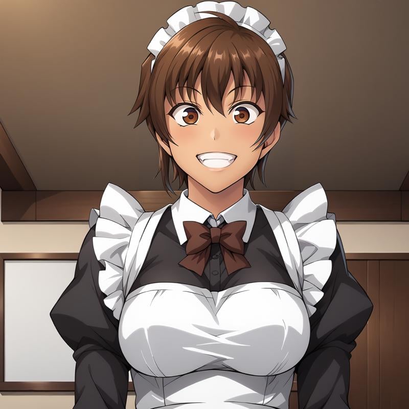 <lora:NagisaFujimaXLpony001>,blush,grin,solo,NagisaFujima,1girl,brown hair,short hair,brown eyes,tan,cowboy shot,maid,