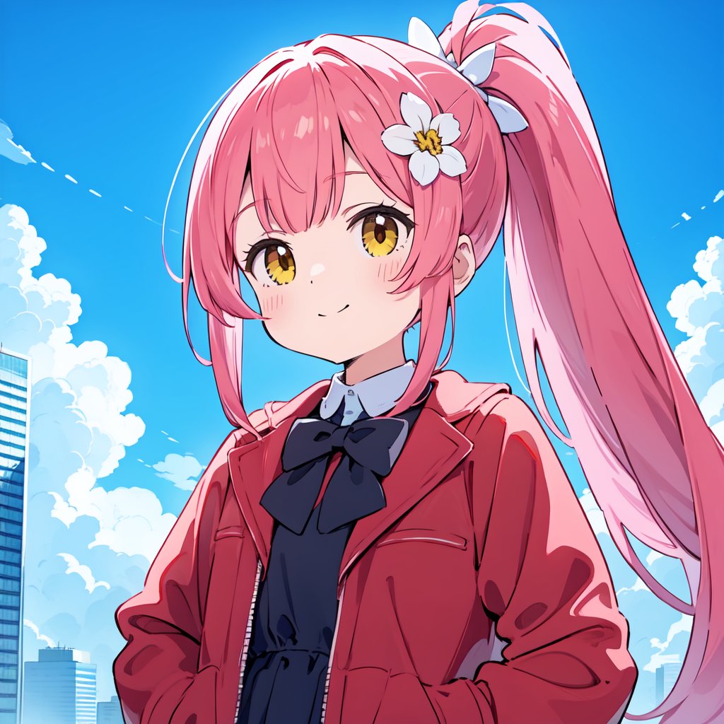 (masterpiece),(best quality),(loli:1.2),(petite:1.2),long hair,Pink hair,Yellow eyes,(red Jacket),high ponytail,white collared shirt,hair flower,fipped hair,floating hair,Frown,hands in pockets,black dress,red bowtie,(solo),sky,skyline,skyscraper,smile,solo,sunflower,tower,upper_body,white flower,