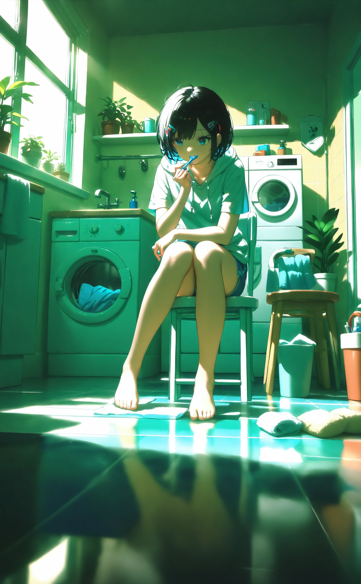 masterpiece,best quality,high quality,(colorful),1girl,brushing teeth,toothbrush,black hair,barefoot,shorts,solo,holding,cup,white hoodie,indoors,blue shorts,sitting,mirror,plant,potted plant,faucet,hoodie,short hair,bathroom,hair ornament,hood,tiles,sink,holding cup,hairclip,toes,towel,washing machine,stool,tile floor,knees together feet apart,feet,reflection,short shorts,chair,bare legs,short sleeves,holding toothbrush,full body,hood down,legs,toenails,window,blue eyes,mug,drawstring,day,cabinet,sunlight,reflective floor,knees up,