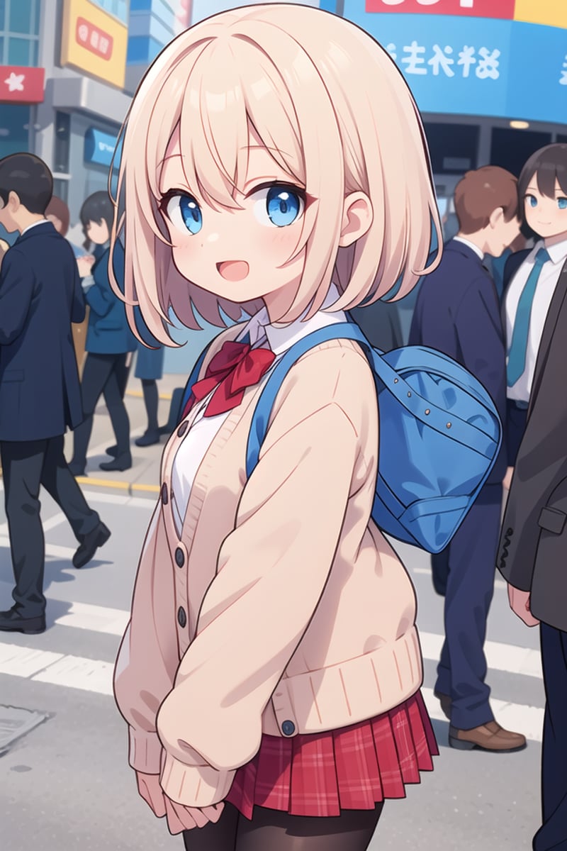 insanely detailed, absurdres, ultra-highres, ultra-detailed, best quality,1girl, solo, nice hands, perfect handsBREAK(School Uniforms:1.2), (pink cardigan is fit body:1.4), ((do up a buttons, not loose):1.5), ((long sleeve, sleeves past wrists):1.2), (inner wear is white collared-shirt:1.3), (red plaid-pattern bow:1.3), (red plaid-pattern pleated skirt:1.3), ((dark-brown pantyhose, loafers):1.2)BREAK(nsfw:-1.5)BREAKhappy smile, laugh, open mouthBREAKfrom side,standing, cowboy shot, looking at viewerBREAKslender, kawaii, perfect symmetrical face, ultra cute girl, ultra cute face, ultra detailed eyes, ultra detailed hair, ultra cute, ultra beautifulBREAKshibuya, akihabara, tokyo, street, crowd, cityscape, depth of field, ultra detailed backgroundBREAKmedium breastsBREAKgrey hair, blue eyes, bob with bangs, hair between eyes