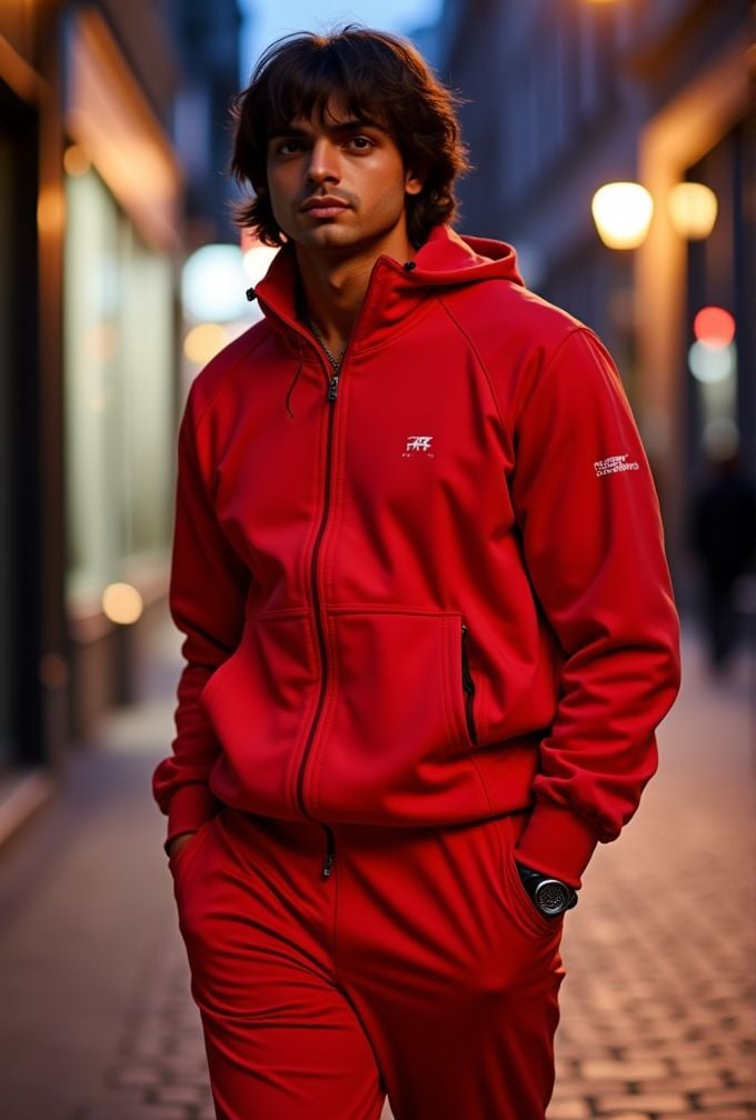 Neeraj Chopra ,  realistic photo in a worn ((skin-revealing skimpy erotic red tracksuit,  massive pecs)) by HottiesnHottie...