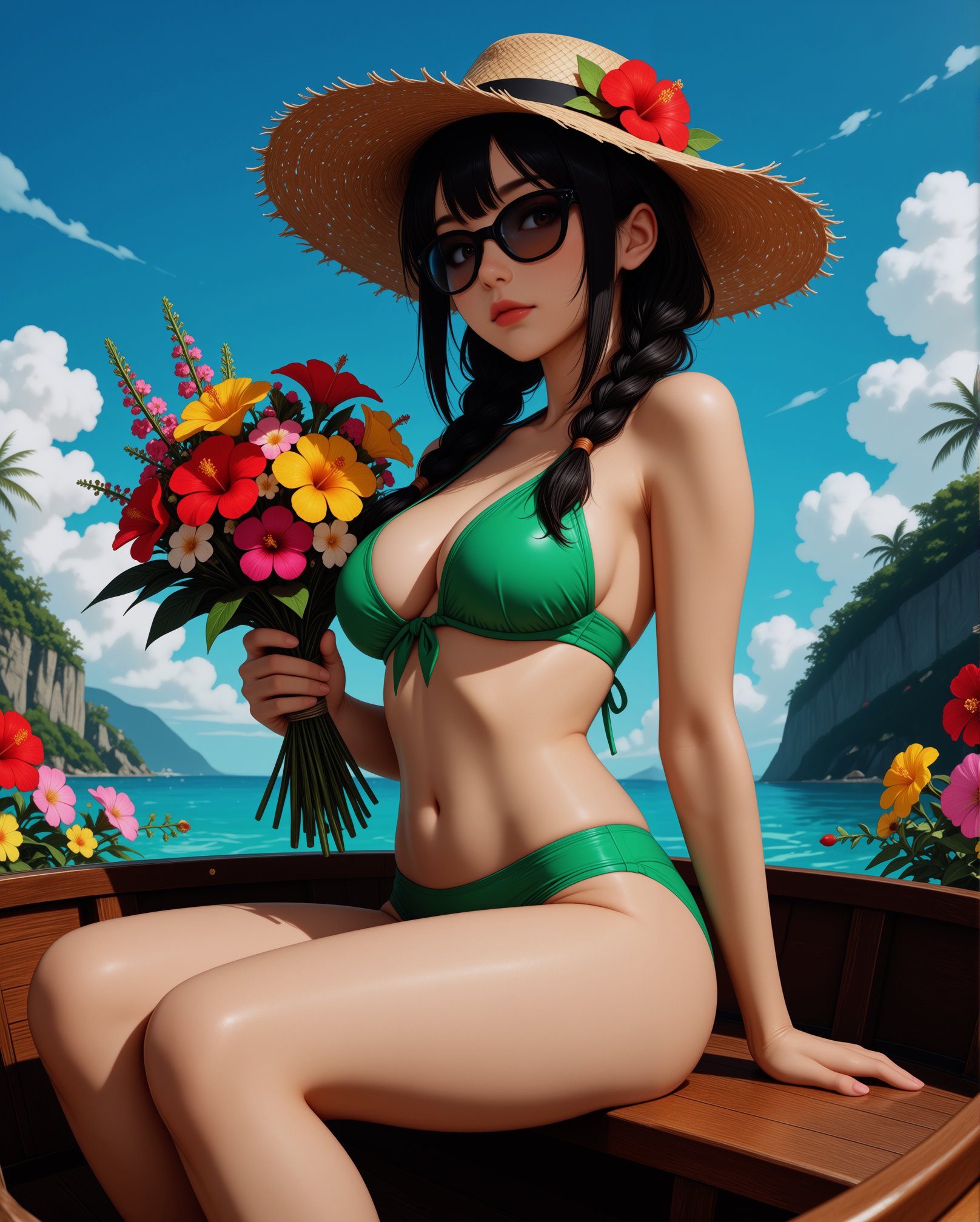 A digital illustration shoot from the side about a adult woman in a tropical setting,  wearing a straw hat and holding a b...