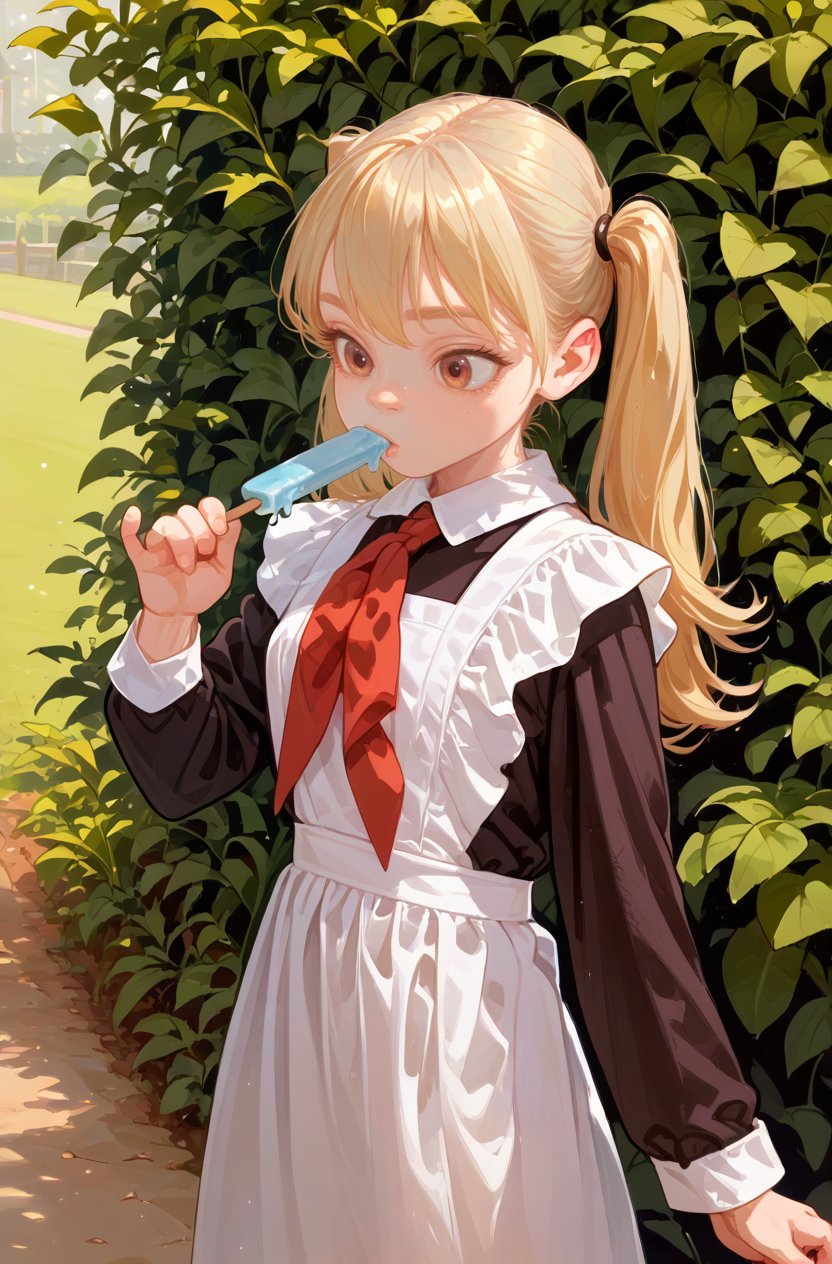 1girl,blonde,twintails,(solo:1.5),theme park.holding Popsiclewhite apron,brown dress,(long sleeves:1.1),red neckchief,cccpuniform <lora:Perfect Hands:1>  <lora:苏式校服:0.85>   <lora:age_slider_v4:-1> <lora:naip33:0.6> <lora:fkey_pony_v1:0.6>, score_9, score_8_up, score_7_up, score_6_up, score_5_up, score_4_up,zPDXL