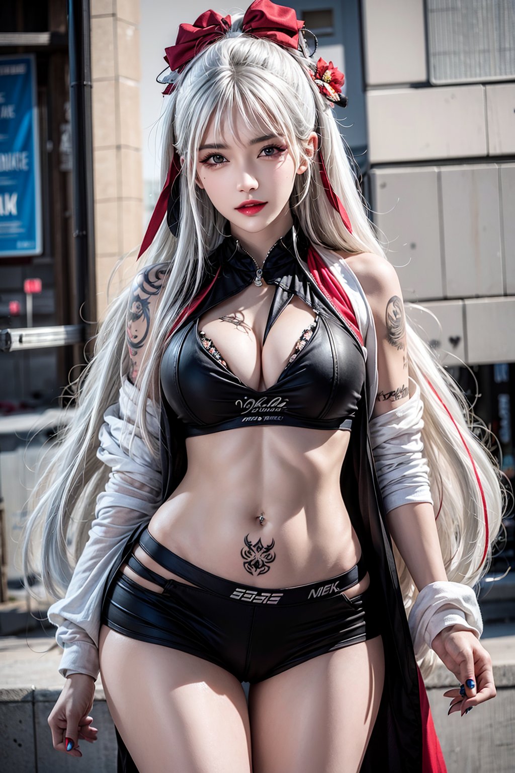 masterpiece,best quality,ultra detailed,1 girl,solo,waist up,long white hair,detailed face,fashionable accessories,street wear,tattoo,<lora:more_details:0.4>,<lora:TA_trained:0.6>,