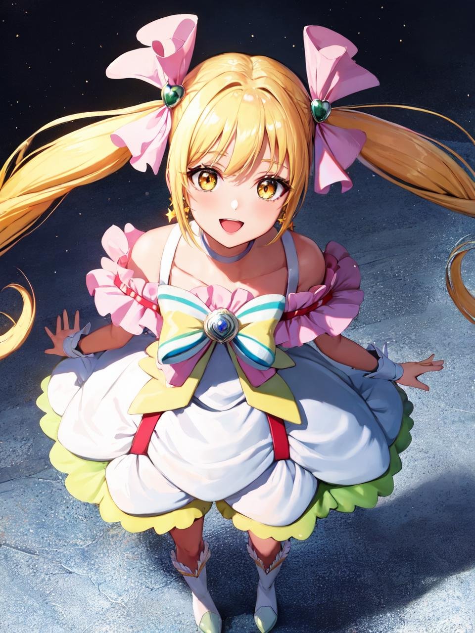 masterpiece, best quality, looking at viewer, depth of field, standing, open mouth, from above, 1girl, <lora:locon_cure_echo_01:0.95>, cure echo, blonde hair, twintails, hair ribbon, knee boots, earrings, arm warmers, brooch, choker, yellow eyes, shorts under skirt, white shorts, smile, ((gradient background)), lens flare,