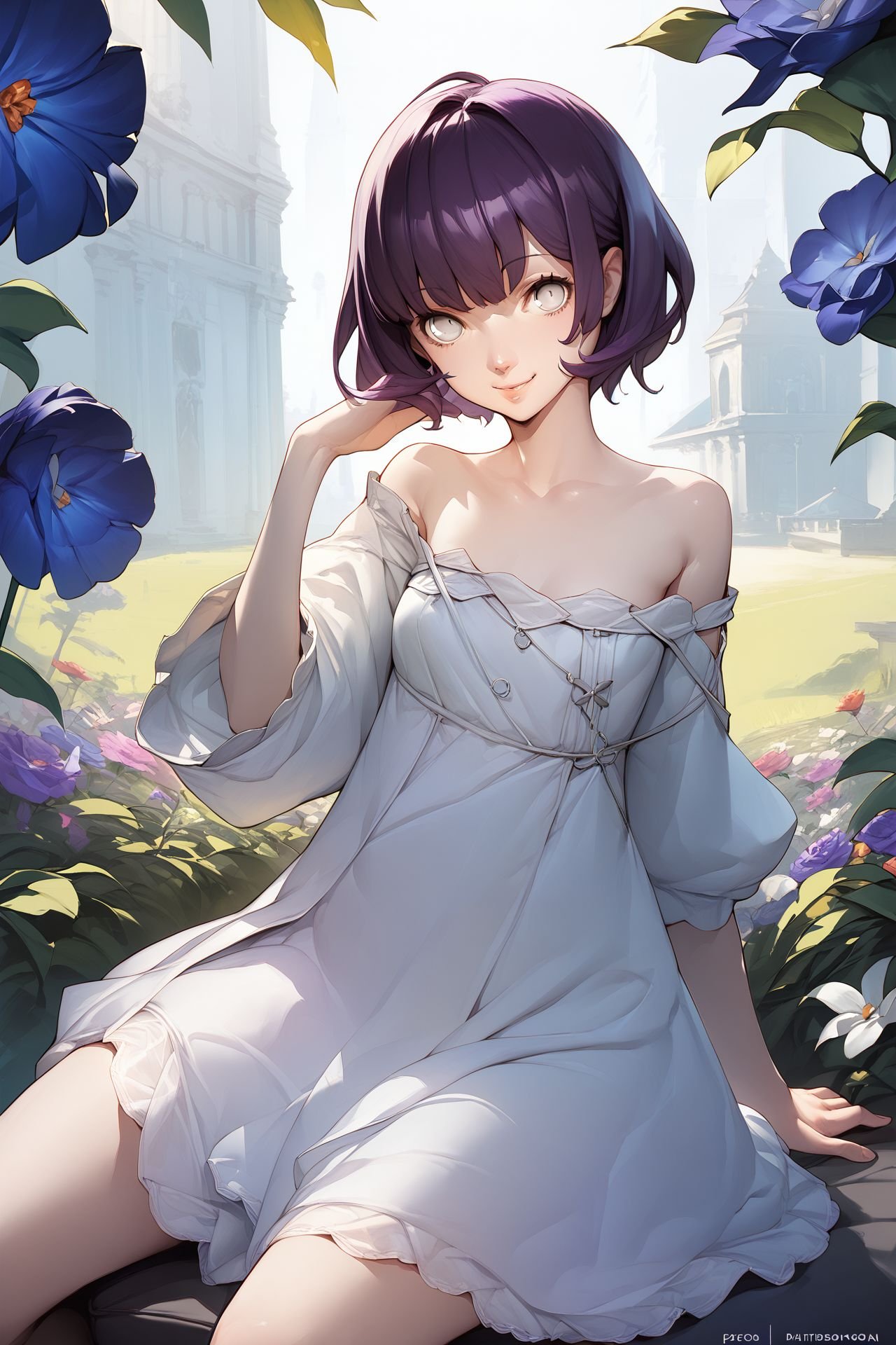 score_9, score_8_up, score_7_up, 1girl, smile, looking at viewer, purple hair, hair_intakes, white eyes, small breasts, off the shoulder dress, Philodendron \(flower\), background_text <lora:Soejima_Shigenori_PonyXL_style_v01:1>