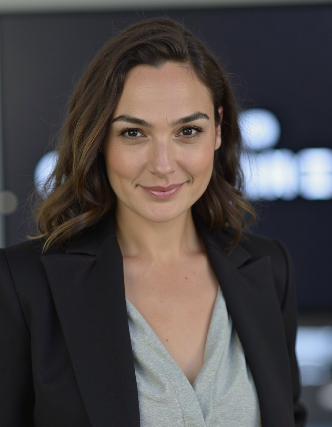 Mid-shot portrait of a beautiful woman gal gadot in her 30s in an hi tech office with blazer and a shirt under  <lora:Gal_Gadot_flux_lora_v1_000001800:1>