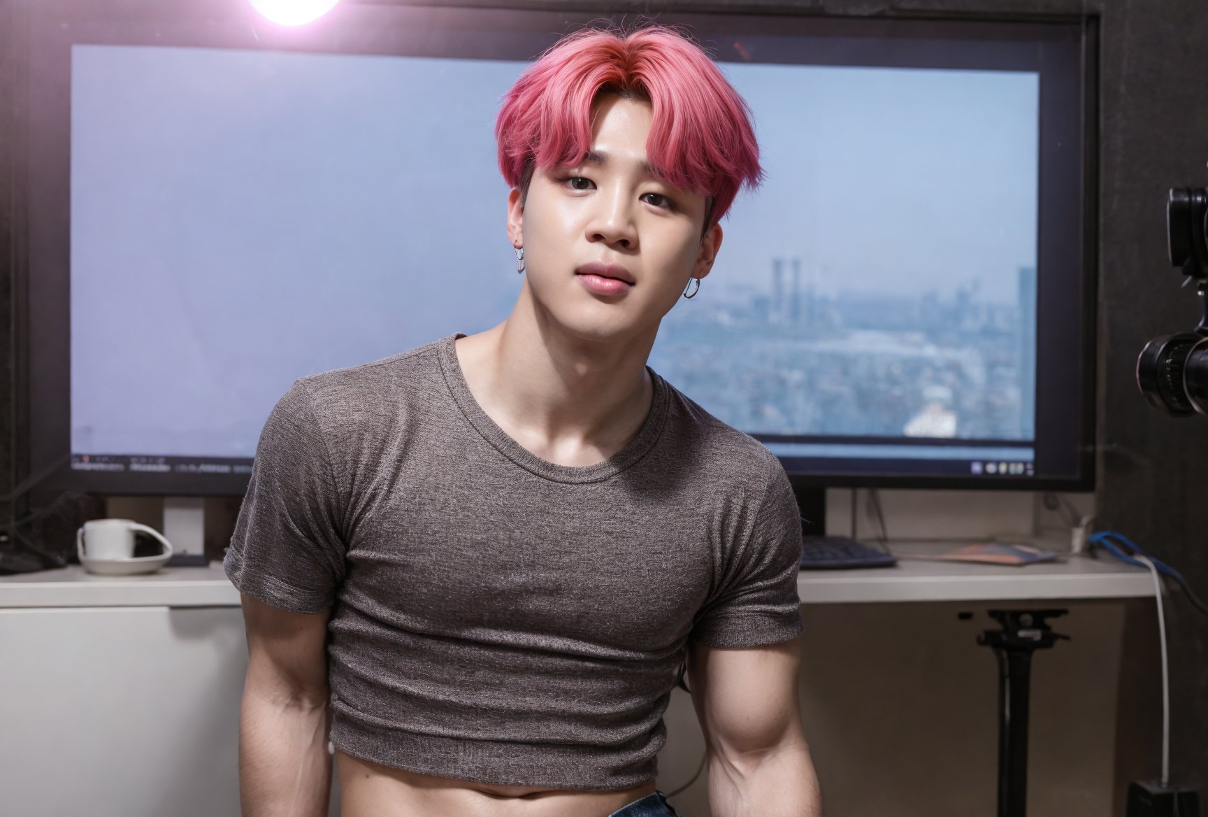 <lora:Jimin_of_BTS:0.85> (Jimin), eyes looking at camera, jawline, parted lips ((1boy)), (Jimin from BTS K-pop group) sitting in the studio, various poses, (trendy colourful kpop hair style, wearing trendy kpop fashion, showing some abs, crop top shirt), (bokeh:1.2), ultra realism, high fashion, RAW photo, detailed photo, gorgeous, shallow depth of field, bokeh, volumetric lighting, (surreal:0.4), hyper detailed photorealistic life-like accurate proportional 8k sharp focus, (accurate cinematic lighting), photorealistic detail, (selective focus:0.6) <lora:more_details:0.7> OverallDetail