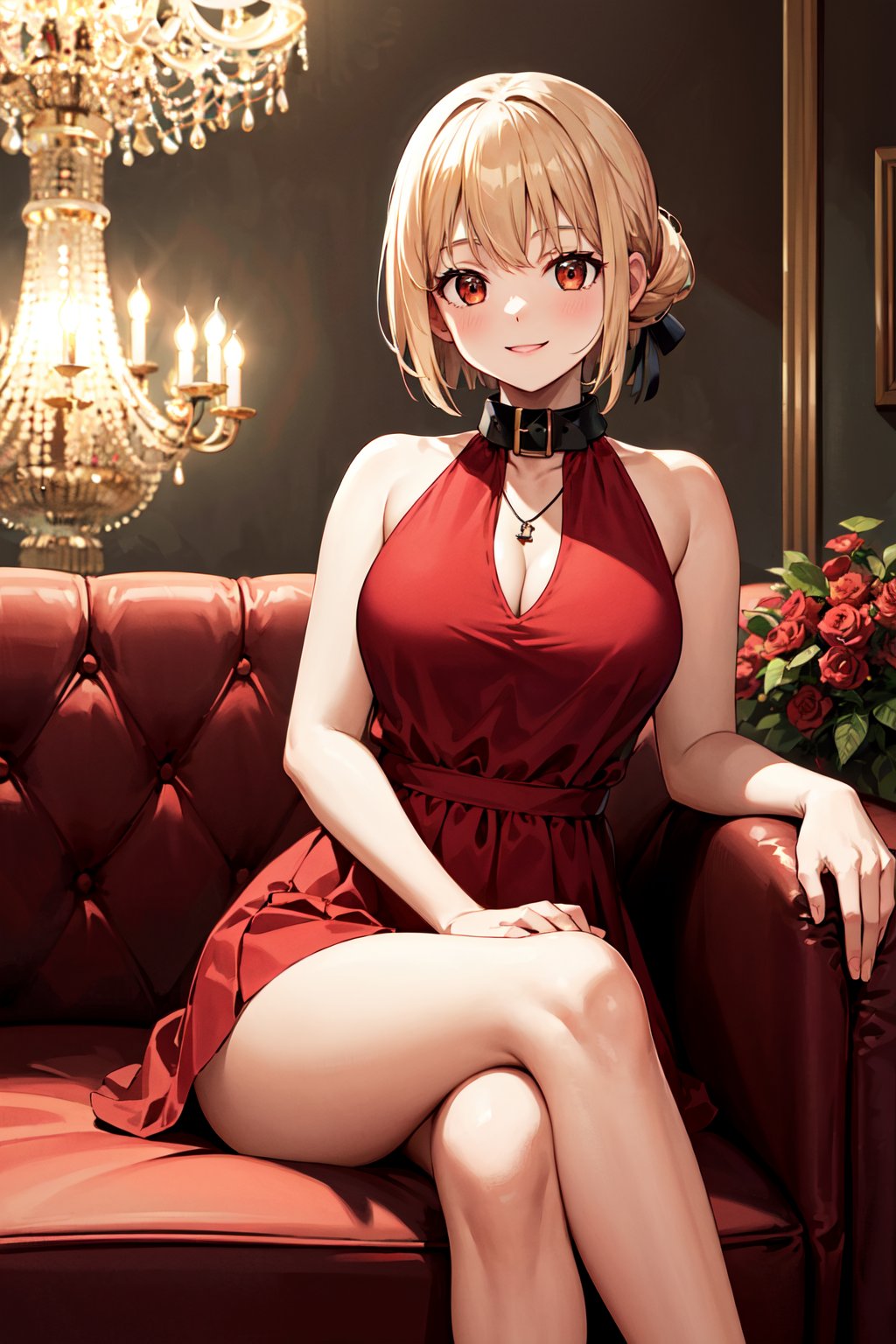 masterpiece, best quality, highres, bbchisato, short hair, hair ribbon, medium breasts, collar, necklace, jewelry, halterneck, cleavage, red dress, sleeveless dress, <lora:nishikigi_chisato_v1:0.7>, indoors, chandelier, sitting, sofa, crossed legs, smile