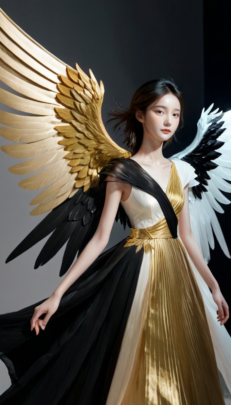 <lora:xl-shanbailing-0112yin_yang:0.75>,(1girl:1.2),wings,(solo:1.2),((left and right different colors)),color patches,contrast,concept clothing,garment draping,left gold right black,