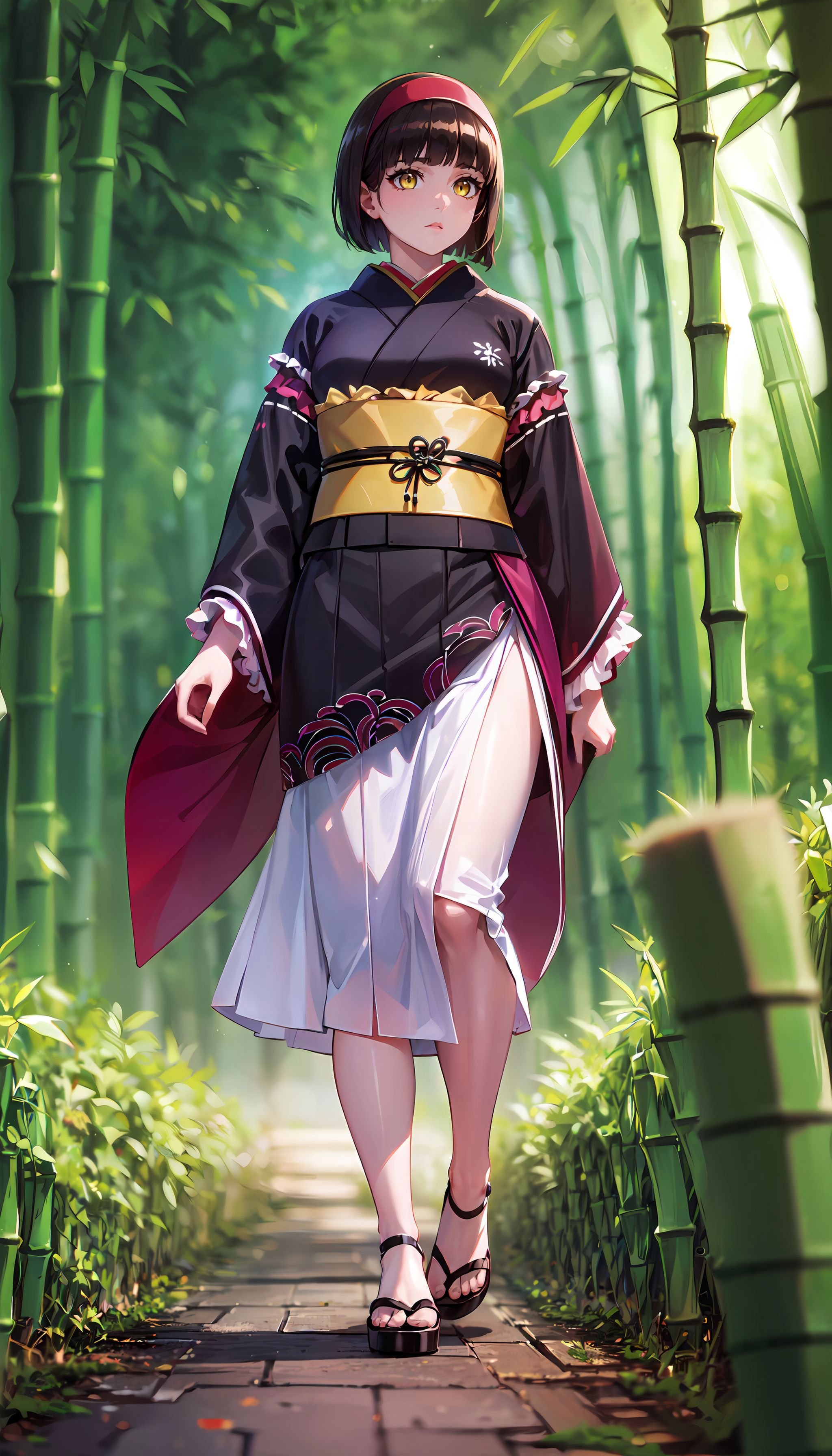 photorealistic, (4k), depth of field, (Masterpiece), (realistic skin texture), extremely detailed, intricate, hyper detailed, high resolution, professional photography, bokeh, sharp detail, best quality, woman, <lora:Mio-000004:0.7> , black hair, short hair, black kimono, pink headdress, frills, yellow eyes, top-down bottom-up ,  <lora:GoodHands-beta2:0.8> <lora:BetterFeet:0.8> <lora:detail_slider_v4:0.8> , walking down a dirt path, (bamboo forest:1.5), tense forest, (sunbeam), 