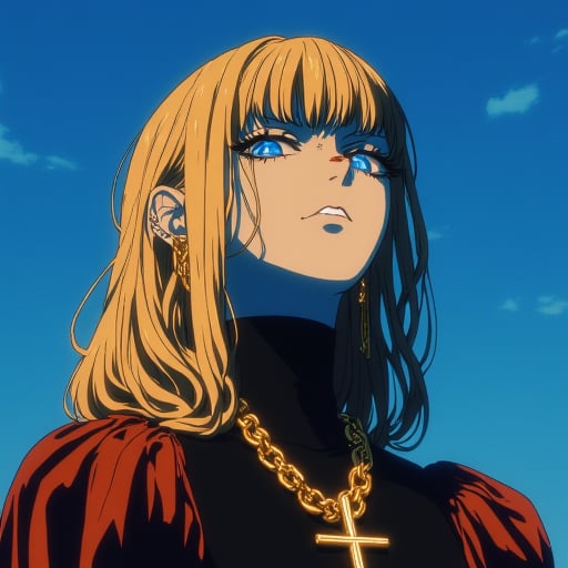 celestial look. Her skin is a pale, anime-inspired style. The subject is a female figure, straight black hair and bangs that cover her forehead. She has a pale complexion and large, intense expression. She has long, platinum blonde hair framing her face. She wears a golden, pale complexion and a slender physique. Her hair is a deep, with bangs that frame her face. Her eyes are a piercing blue, featuring a character with a menacing, platinum blonde hair with bangs that frame her face