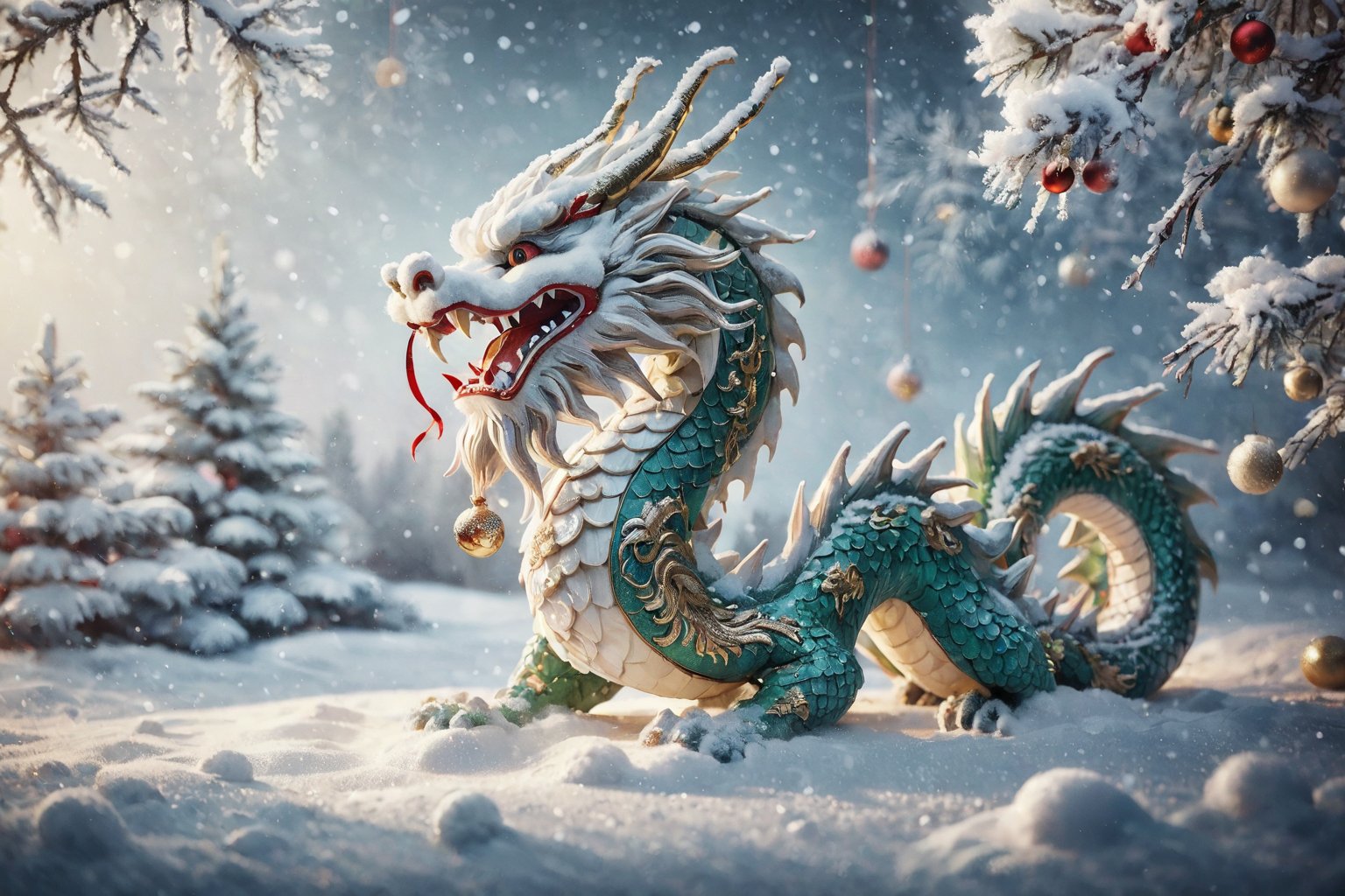 poakl christmas style,1 chinese dragon,snowy<lora:poaklSDXLchristmas-000008:0.6>,