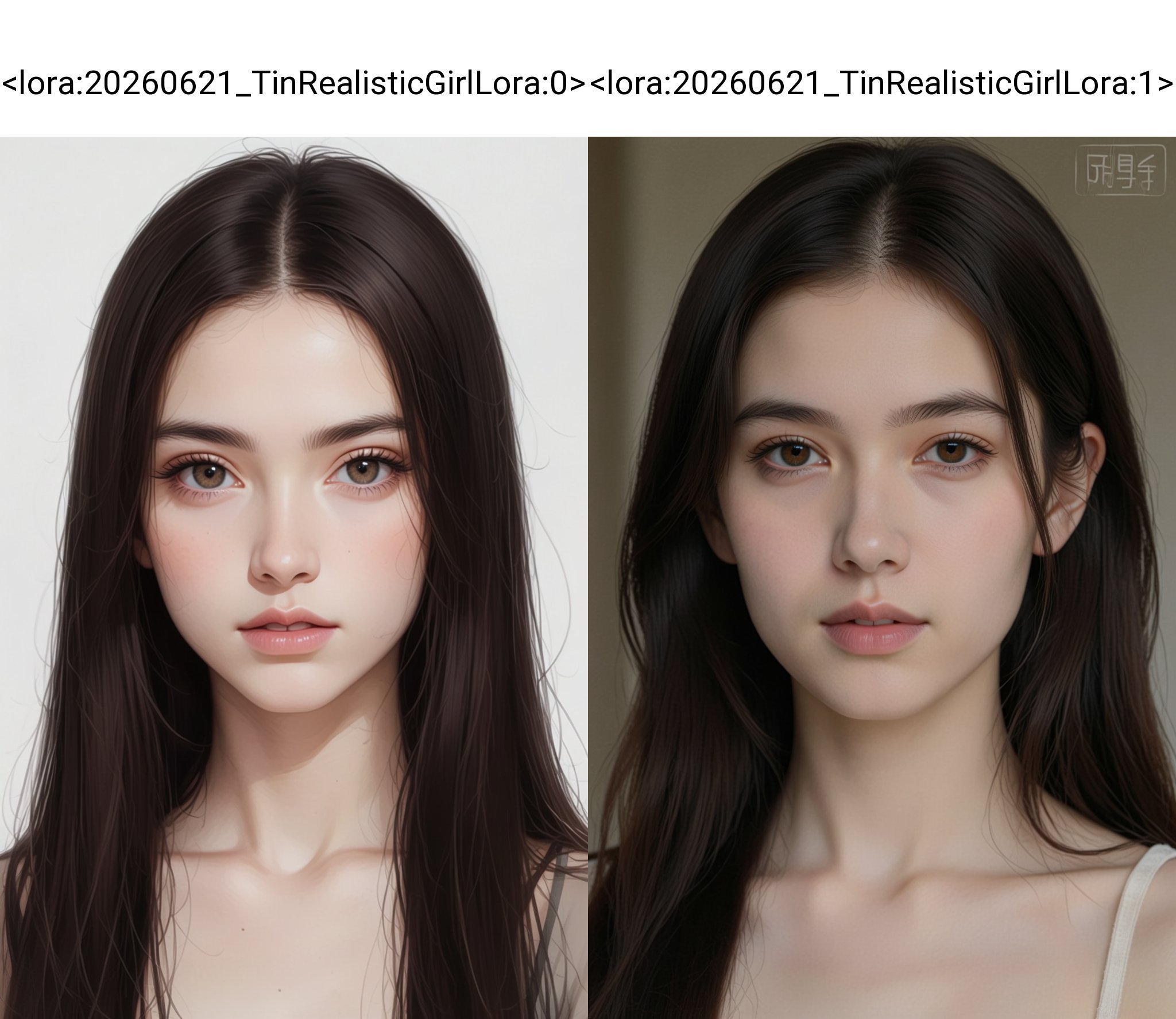 a young woman with long straight dark brown hair. She has fair skin,  delicate facial features,  and brown eyes. by 天TIN o...