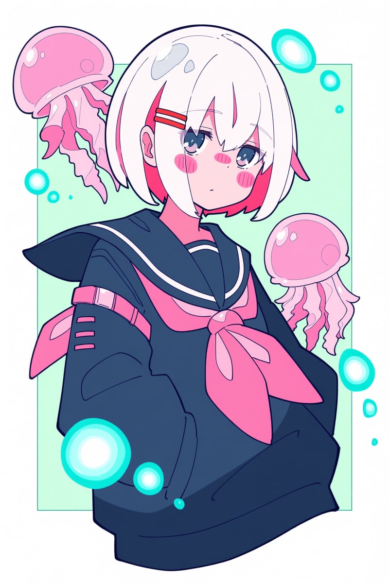 @hrlrst,  The image depicts a young girl with short white hair and pink blush marks on her cheeks. She wears a dark navy b...