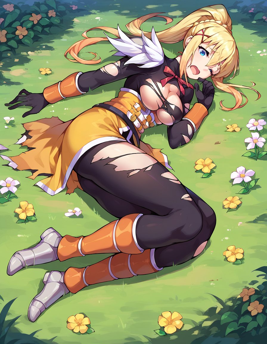 score_9, score_8_up, score_7_up, score_6_up, source anime, BREAK<lora:konosuba_darkness:0.8> lalatinapnxl, darkness \(konosuba\), 1girl, ponytail, solo, full bodytorn clothes, one eye closed, torn bodysuit, armor, cleavage, open mouth, bodysuit, broken armor, outdoors, flower, lying, on side