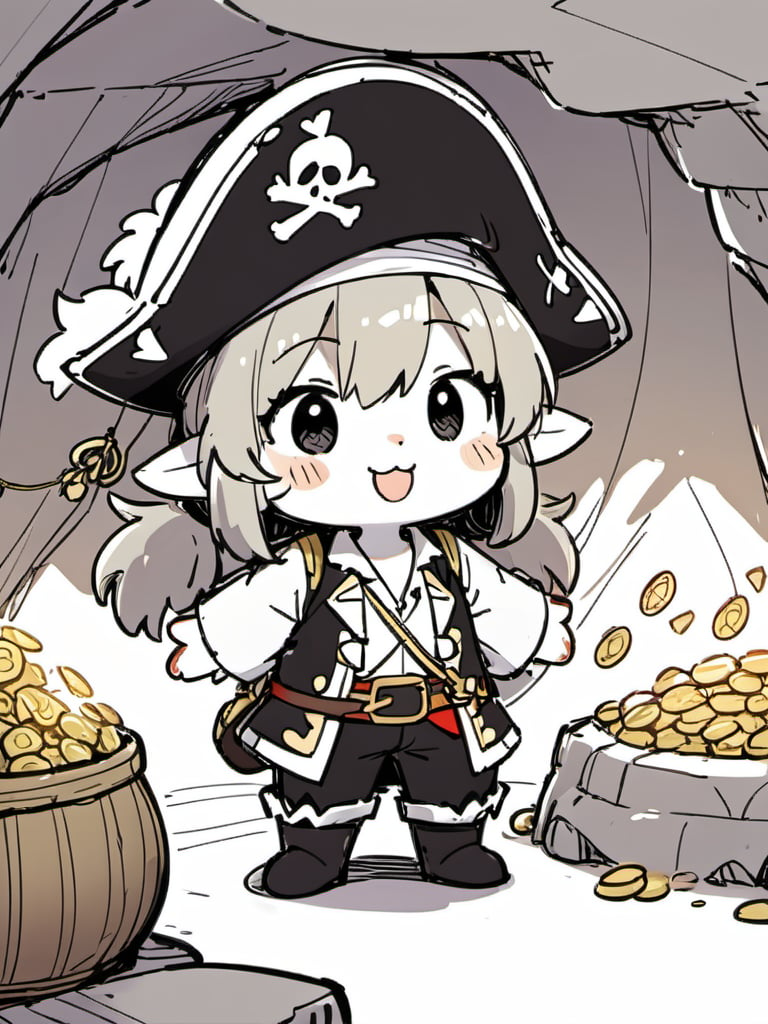 <lora:luXL毛躁手绘Fuzzylines_lora_resized:0.6>, fuzzylines, sketch, a cute little pirate is very happy to find a big fortune of gold in a cave,