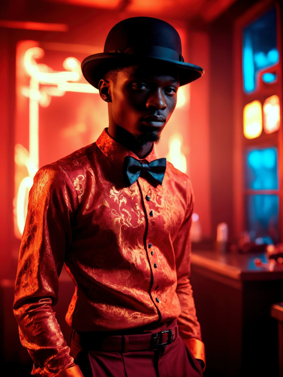 stunning natural post-apocalyptic neon color raw portrait, (sfw) senegalese 1boy, as a pompous dancer, (brocade shirt, pants, bow tie, bowler hat:1.2), indoors in a steamy (red night club, dark and moody, red mood lighting, red color tint, dark reddish shadows, orange highlights, crimson hues), post-apocalyptic scene with electrical attr, neon color raw photo, epic character composition, sharp focus, subsurface scattering, f2, 35mm, film grain