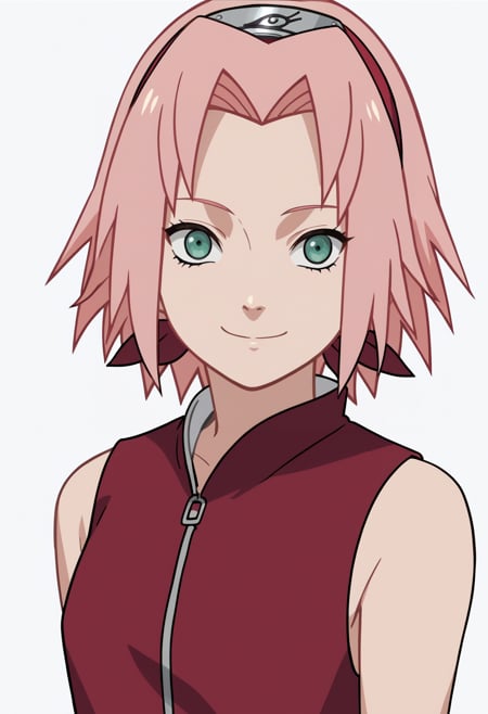 score_9, score_8_up, score_7_up, score_6_up, score_5_up, score_4_up, BREAK, source_anime,1girl, haruno sakura, pink hair, short hair, green eyes, sleeveless, red shirt, forehead protector,hands behind back, smile, upper body, looking at viewer, solo, simple background, white background, anime screencap, anime coloring   <lora:SakuraShippudenXL:1>