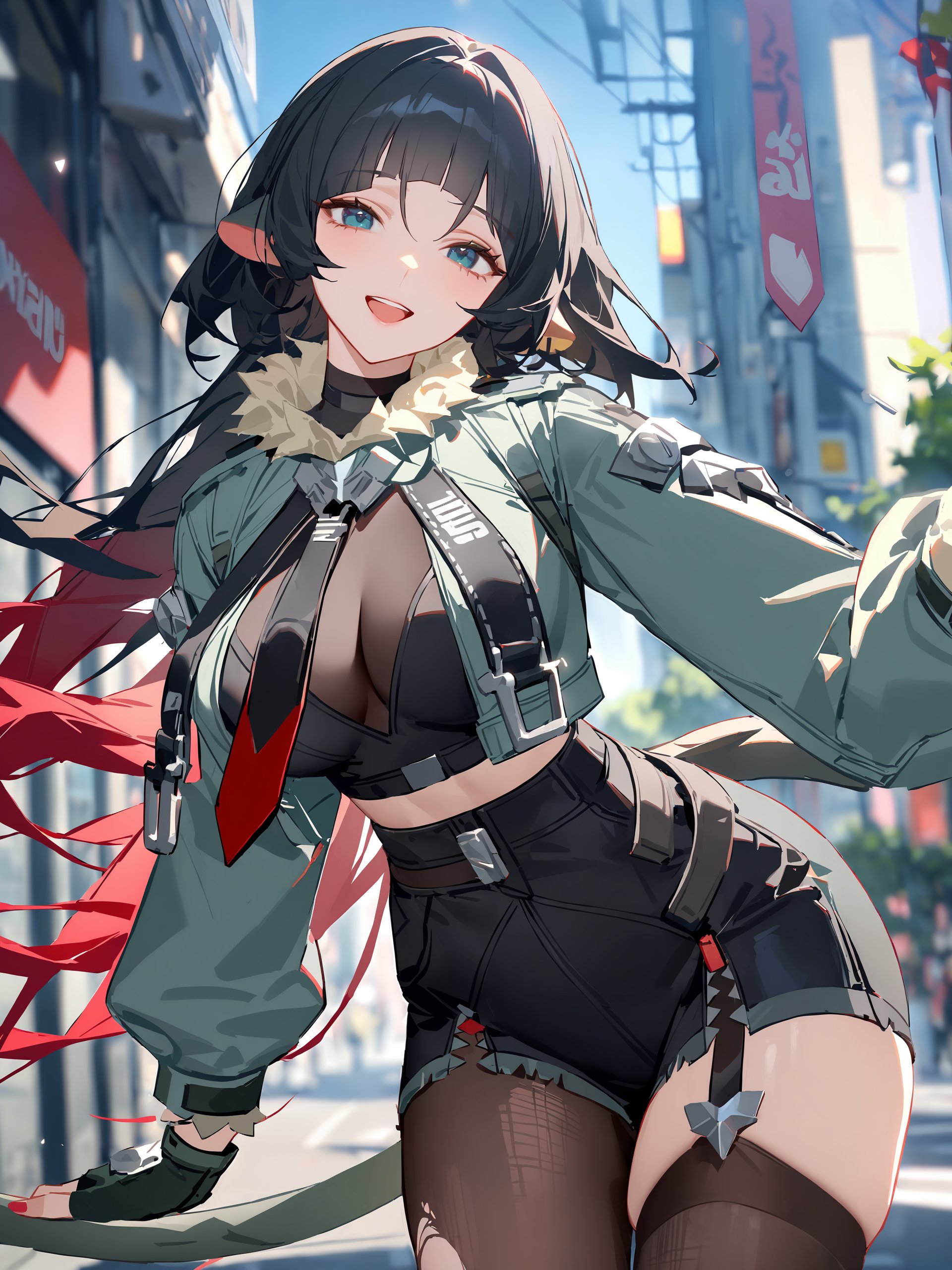 1girl, jane doe \(zenless zone zero\), fingerless gloves, black shorts, tail, cropped jacket, sports bra, single garter strap, single leg pantyhose, single thighhigh, necktie, long hair, looking at viewer, smiling, open mouth, street, outdoors, depth of field, standing, cowboy shot <lora:Char-ZZZ-Jane_Doe-V2-XL:0.9>, masterpiece, best quality, very aesthetic, ray tracing, newest,(hitenkei, askzy:0.5),