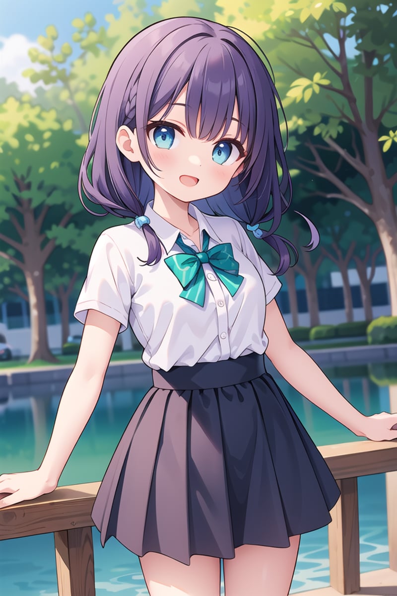 insanely detailed, absurdres, ultra-highres, ultra-detailed, best quality,1girl, solo, nice hands, perfect handsBREAKsummer school uniform, (plain dark green skirt with many pleats:1.4), (striped green bowtie:1.3), short sleeves, white shirt, shirt with white button, shirt_tucked_inBREAK(breast pocket, vest, blazor, long sleeves, checked skirt, striped skirt, striped shirt, striped sleeves, bra visible through clothes, skirt with frill:-1)BREAK(nsfw:-1.5)BREAKseductive smile, open mouthBREAK,standing, cowboy shot, looking at viewerBREAKslender, kawaii, perfect symmetrical face, ultra cute girl, ultra cute face, ultra detailed eyes, ultra detailed hair, ultra cute, ultra beautifulBREAKin a park in cityBREAKmedium large breastsBREAK(purple hair, blue eyes:1.2), dreadlocks,