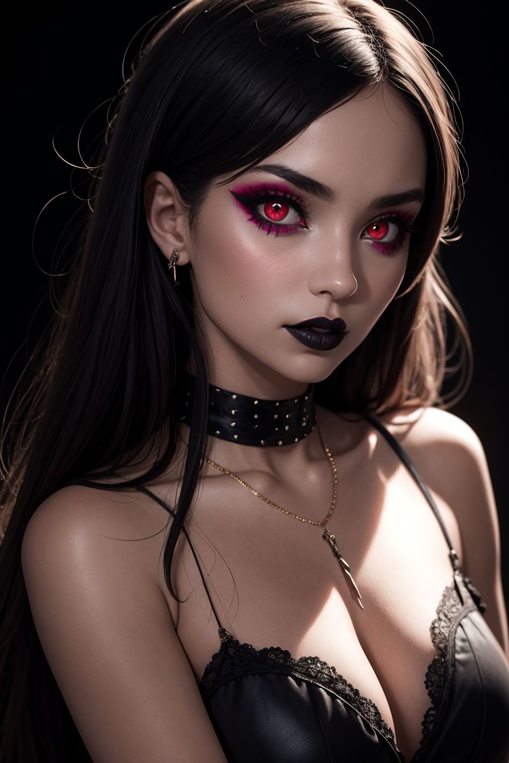 Goth girl 1girl,solo,long hair,looking at viewer,red eyes,jewelry,necklace,makeup,lipstick,black background,portrait,glowing eyes