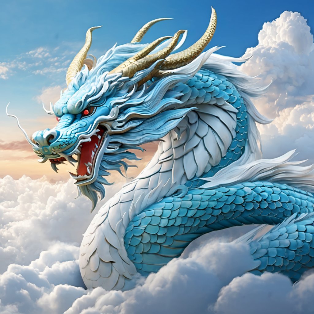 gufengstyle,masterpiece, Chinese dragon, Lovely, In the middle of the picture, Mid-range, Outdoor, Light blue sky, Clouds, ride on a cloud, Furry, Twelve signs of the Chinese zodiac, textured skin, super detail, best quality<lora:gufengstyleSDXL-000016:1>