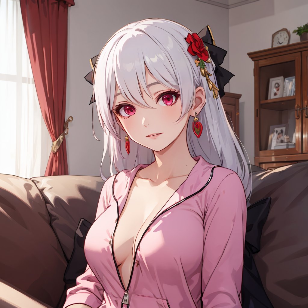 1girl, theresa apocalypse, erotic, hair flower, mature female, hair ornament, flower, earrings, onesie, head tilted, glossy skin, hair ribbon, ambient lighting, indoors, living room, sitting on couch, <lora:Char-Honkai-Theresa:0.8>