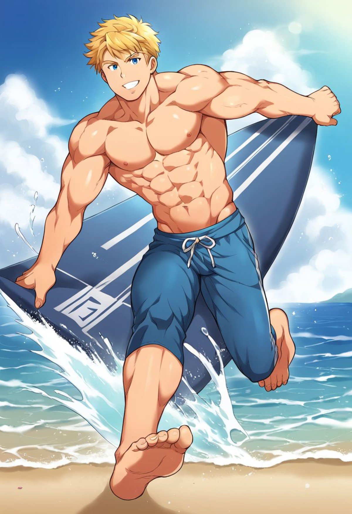 1boy,, solo, muscle body,  blonde hair, blue eyes, shirttless, blue pants, surfing, beach