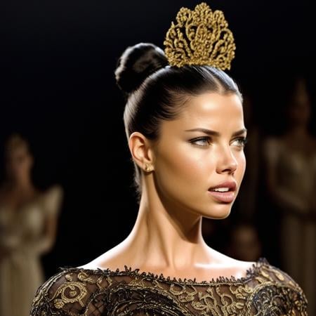 Medium close-up of Adriana Lima wearing the Bal_co,  high bun,  intricate hairpiece by Mya Sturbate on Tensor.Art